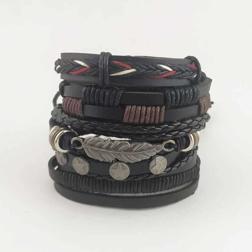 Black Leather Feather Bracelet Set