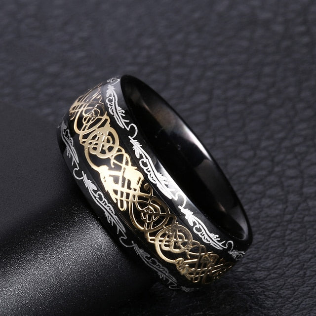 Stainless Steel Carbon Fiber Black Dragon Inlay Ring