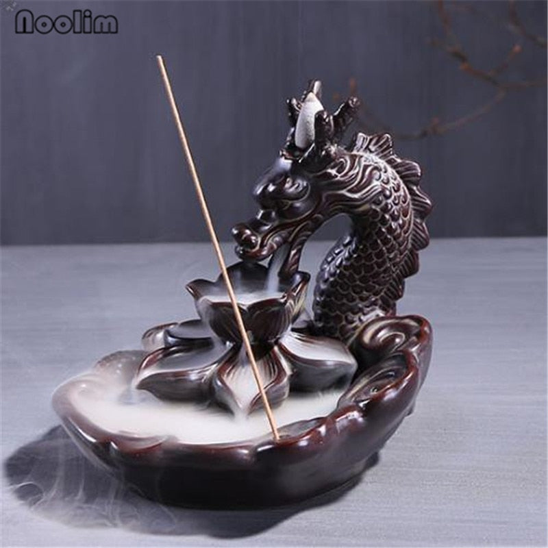 Ceramic Handicraft Dragon Lotus Smoke Backflow Incense Burner Zen Incense Stick Holder Censer